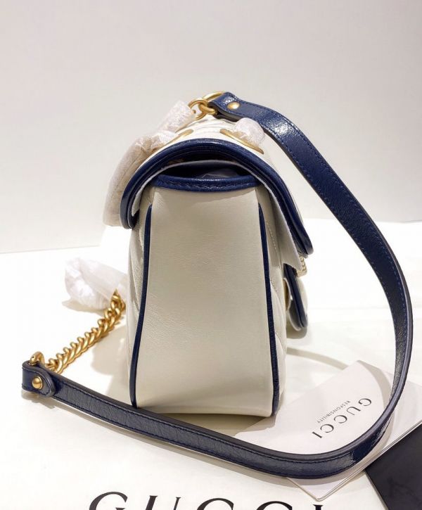 Gucci GG Marmont White Striped Quilted Leather Navy Trimming Brass Buckle & Shoulder Strap Women Cheapest Small Flap Crossbody Bag