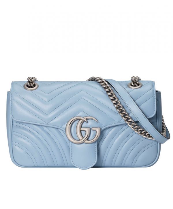 Gucci GG Marmont Silver GG Logo Buckle Chain Shoulder Strap Small Light Blue Quilted Leather Shoulder Bag For Ladies USA