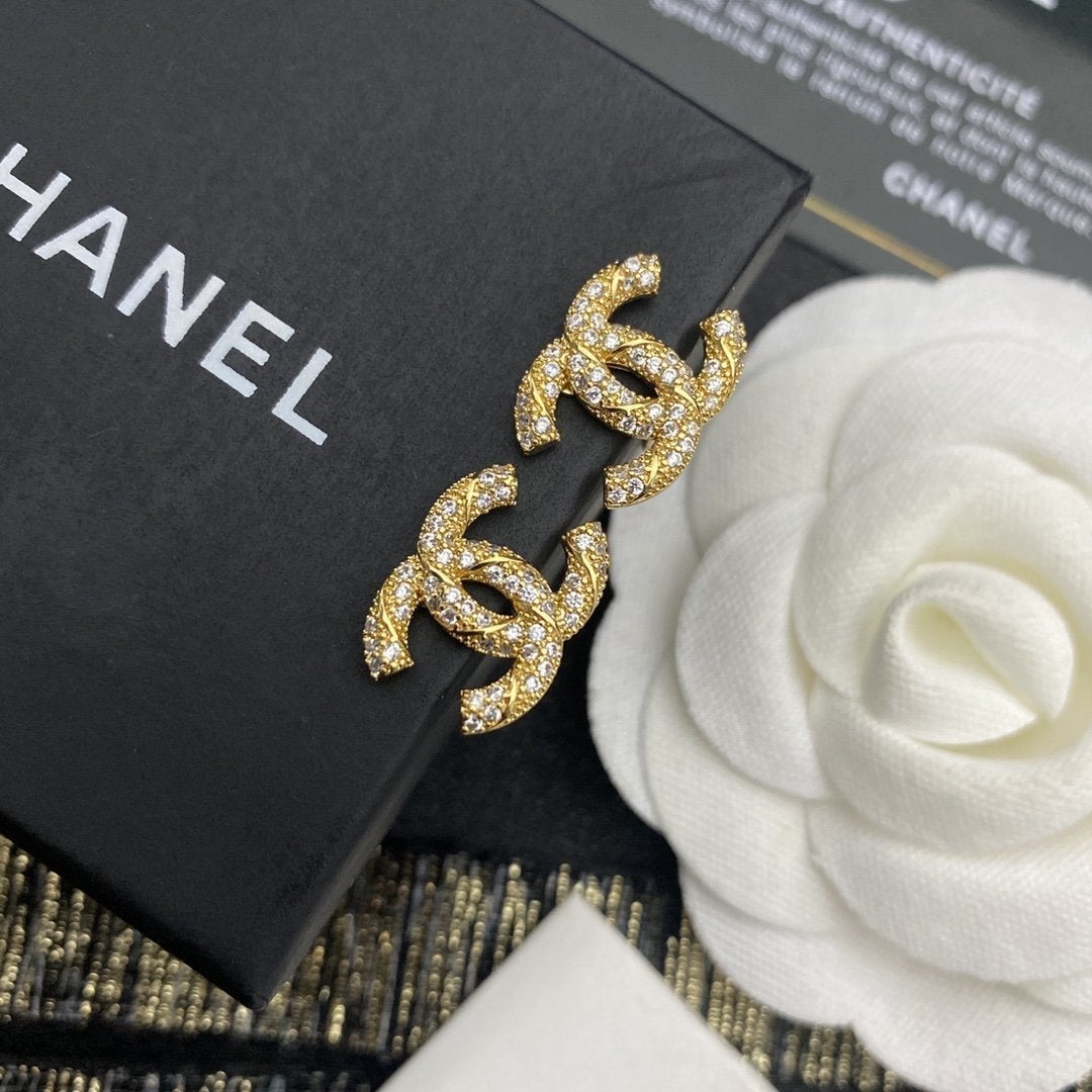 CHANEL Luxury Zircon Double C Stud Earrings