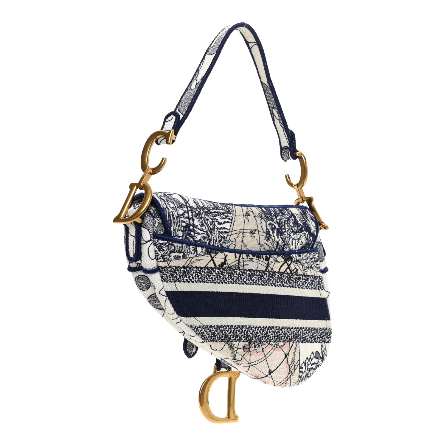 CHRISTIAN DIOR Canvas Embroidered Around the World Saddle Bag Blue