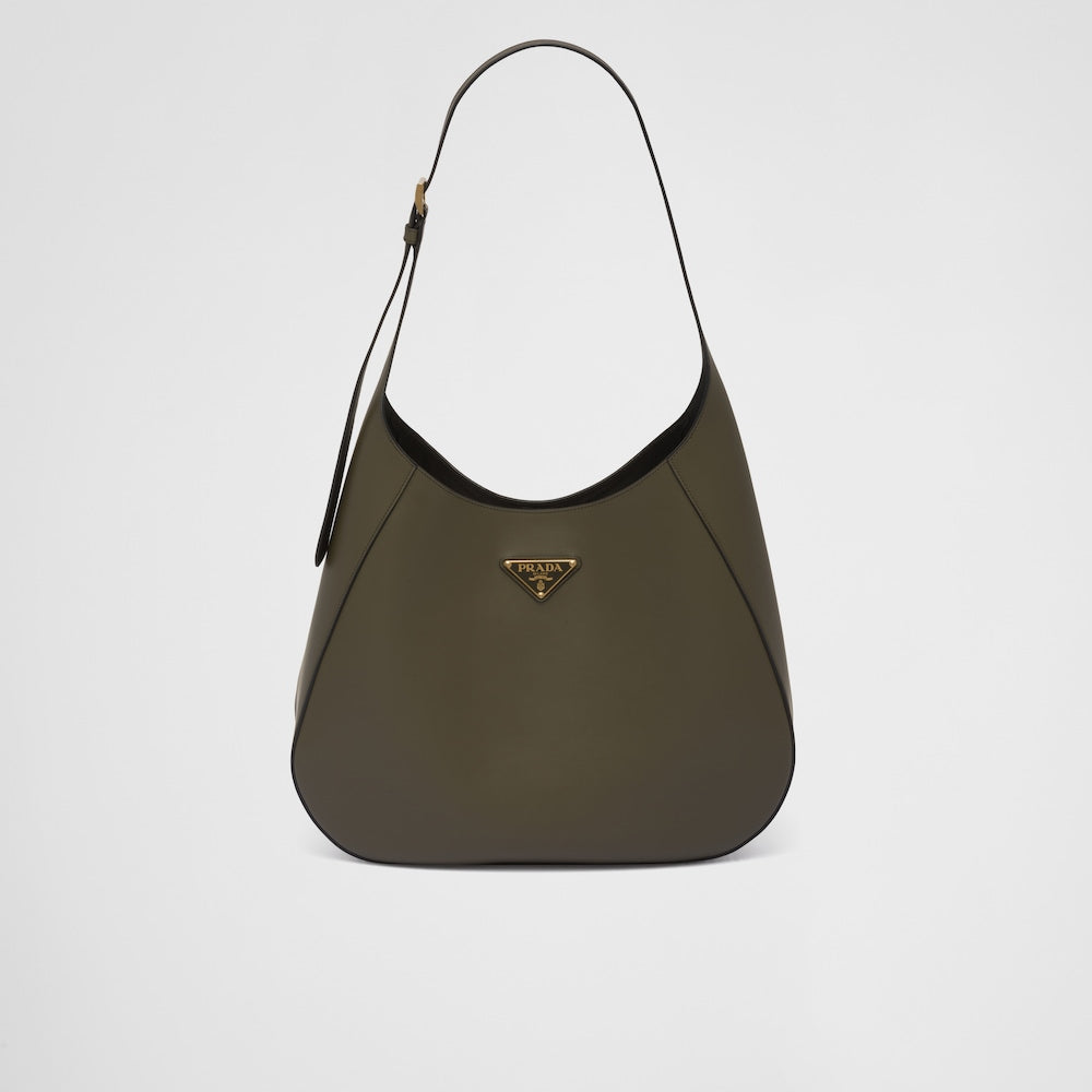 Prada Large leather shoulder bag with topstitching - Military Green/Black