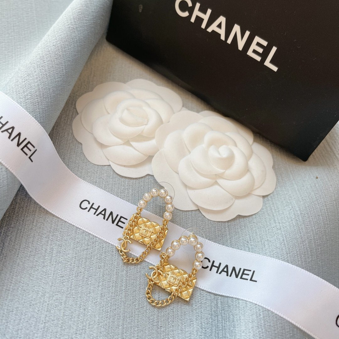 CHANEL Fashion Pearl Bag Pendant Earrings