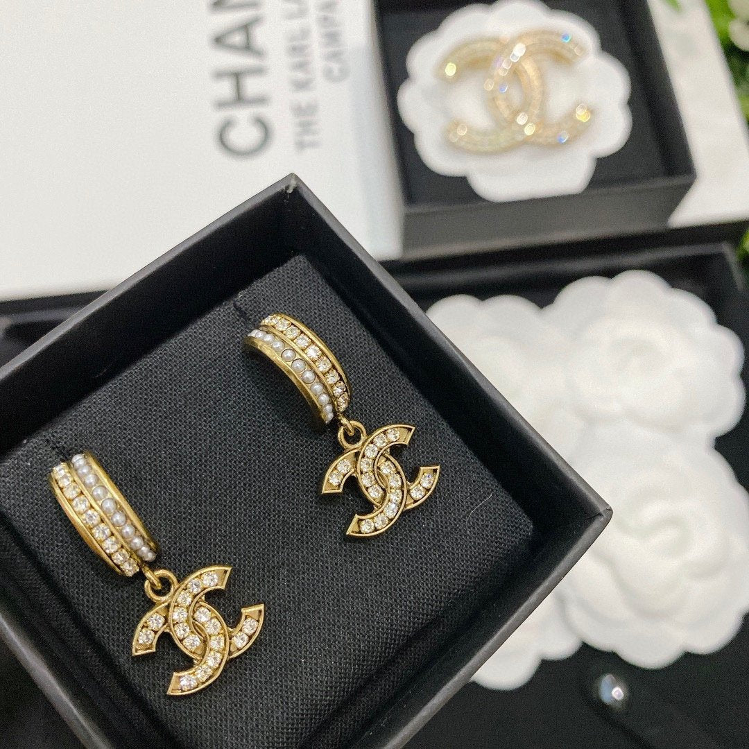CHANEL Diamond Classic Letter Pendant Earrings