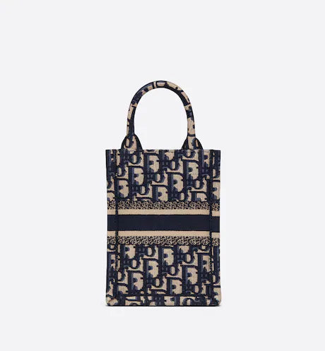 MINI DIOR BOOK TOTE PHONE BAG Blue Dior Oblique Embroidery (13 x 18 x 5 cm)