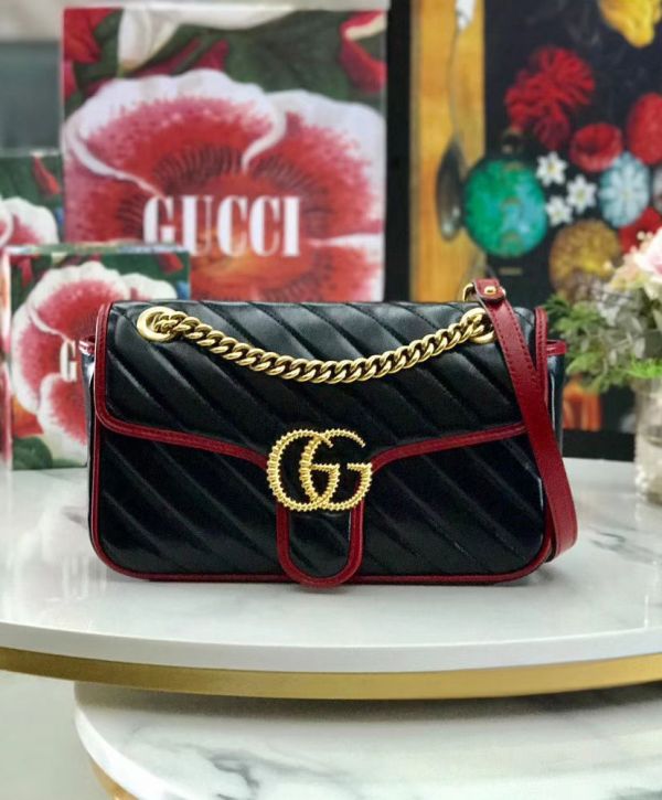 Gucci GG Marmont Red Trimming Twisted Brass Logo Buckle Chain Strap Women Diagonal Design Fashion Black Matelasse Leather Flap Bag