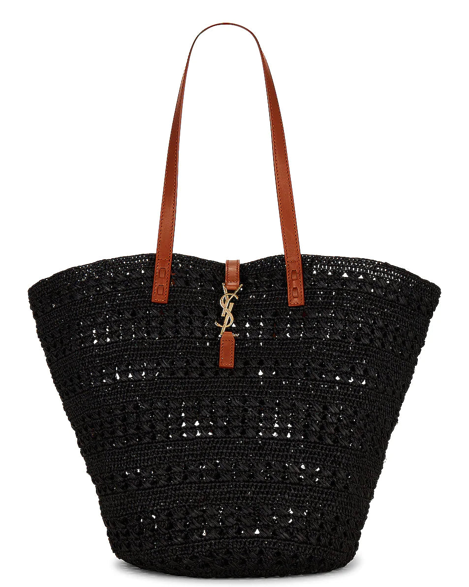 New Trends Panier Medium Bag in Crochet Raffia and Smooth Leather