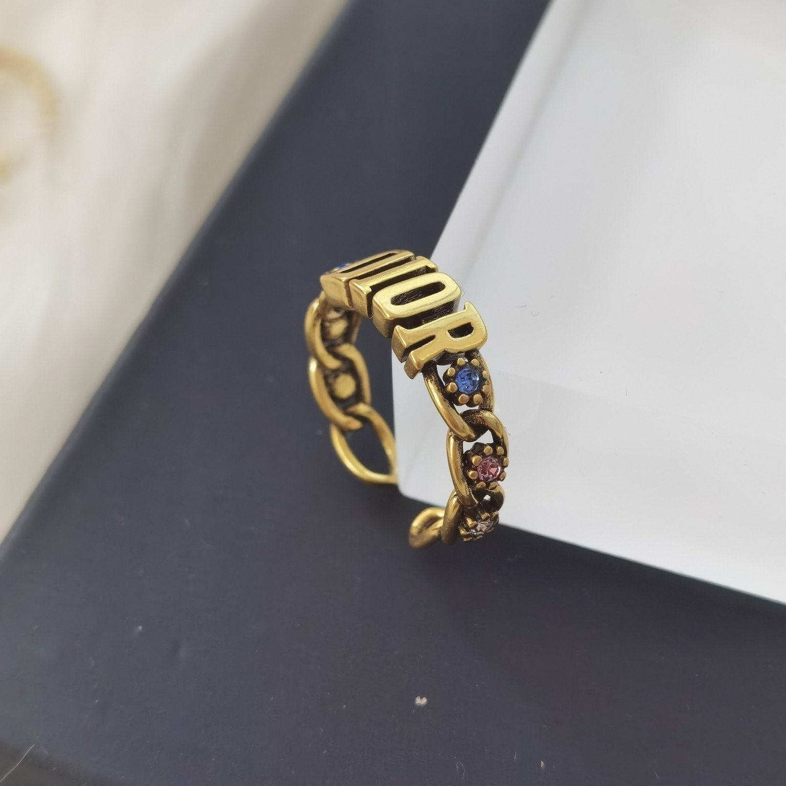 DIOR Letter Color Rhinestone Hollow Open Ring