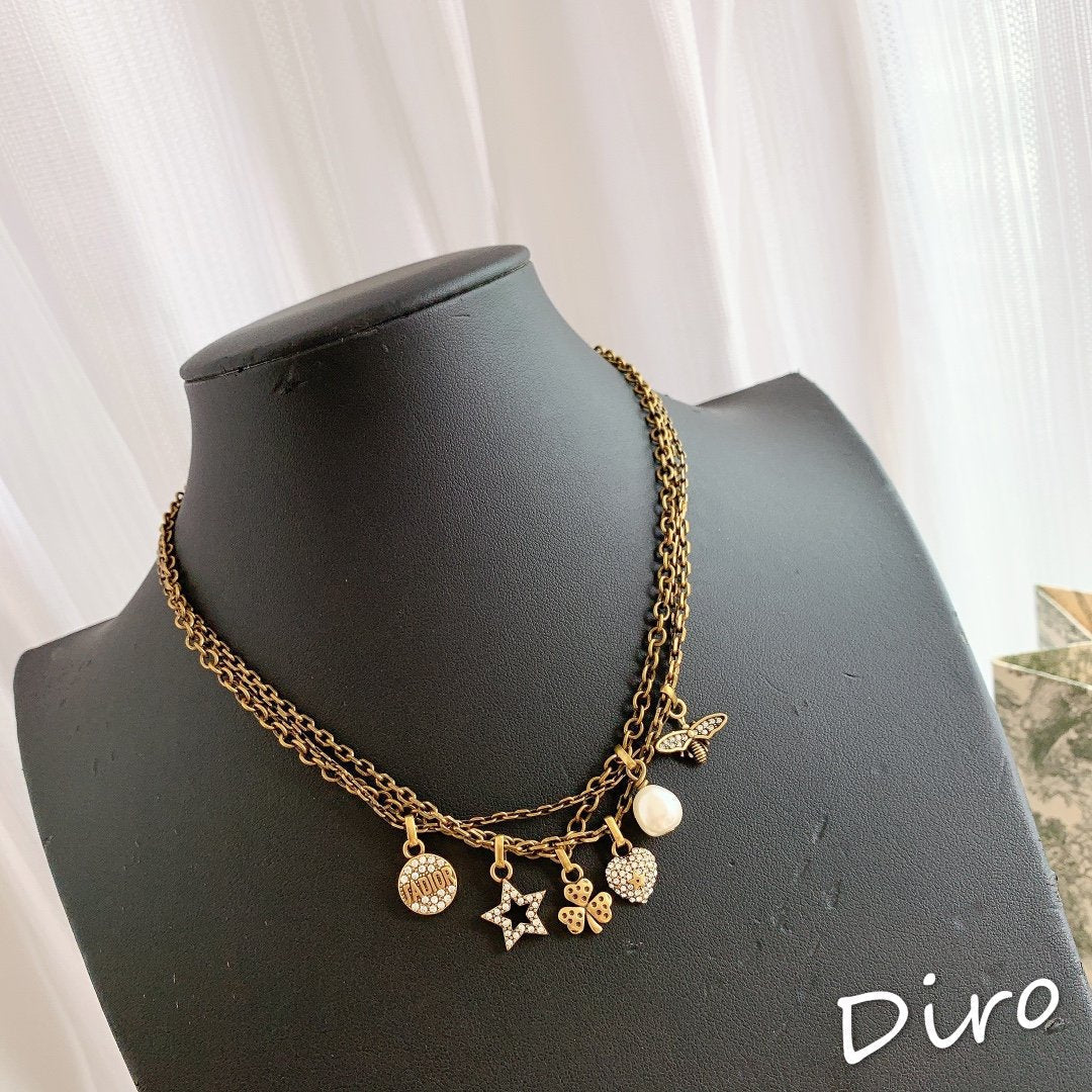 DIOR Crystal Clover Star and Heart Charm Ladies Necklace