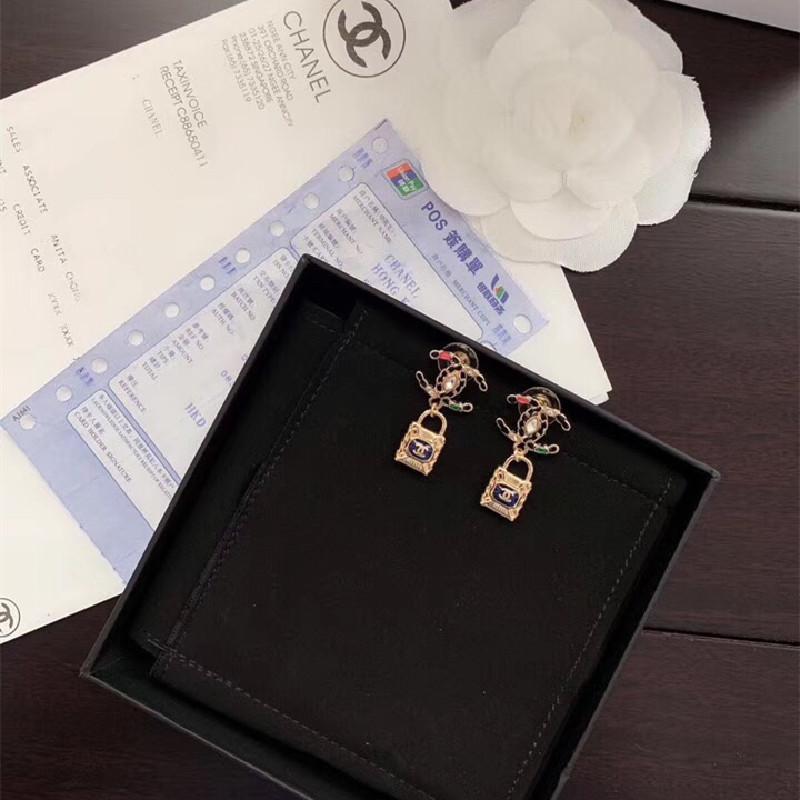 CHANEL Fashion Rhinestone Lock Earrings