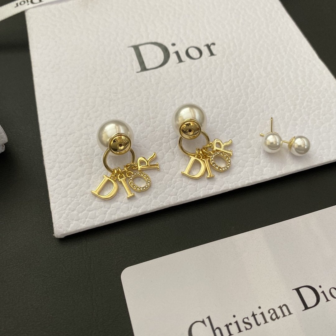 DIOR Fashion Pearl Rhinestone Letter Pendant Earrings