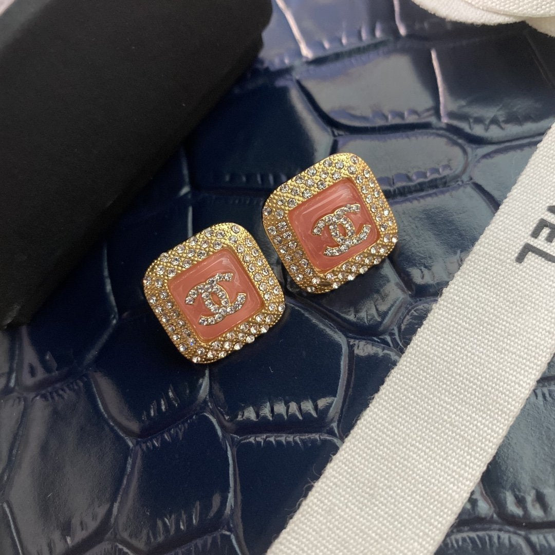 CHANEL Candy Color Square Rhinestone Stud Earrings
