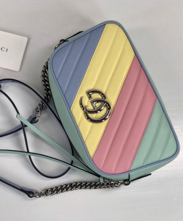 2022 New Gucci GG Marmont Silver Chian Strap Zipper Closure Double G Signature Women Colorful Diagonal Quilted Leather Crossbody Bag Small