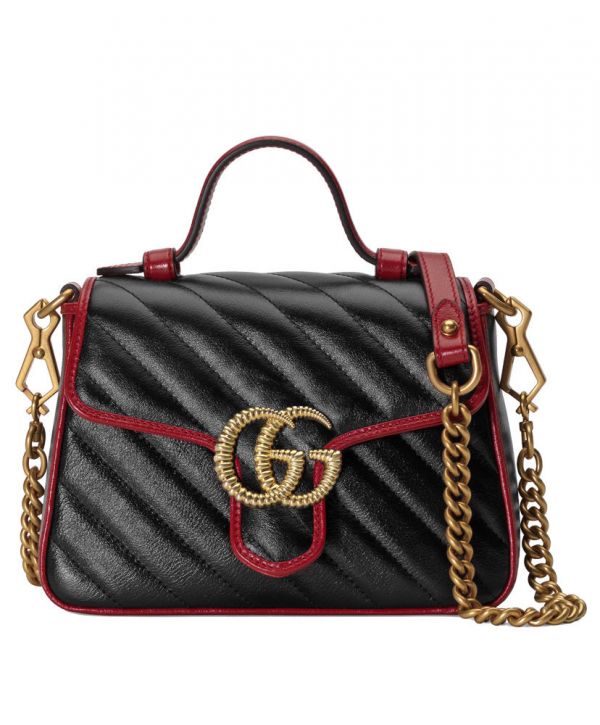 Gucci GG Marmont Double G Brass Buckle Single Top Handle Cerise Trim Female Black Quilted Leather Flap Mini Crossbody Bag