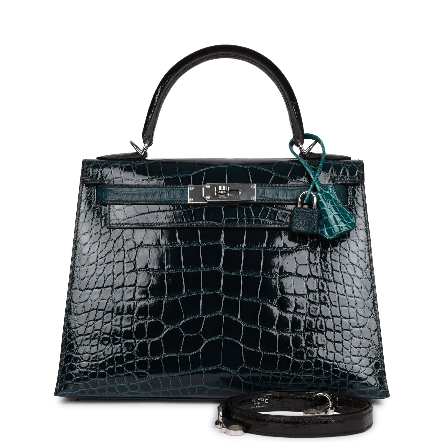 Hermès Kelly Sellier 28 Tri-color Black, Vert Rousseau and Vert Bosphore Shiny and Matte Alligator Palladium Hardware