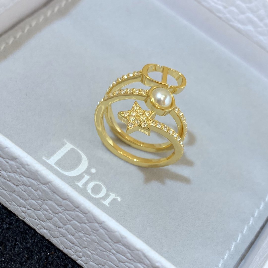 DIOR Letter Rhinestone Double Ring Split Ring