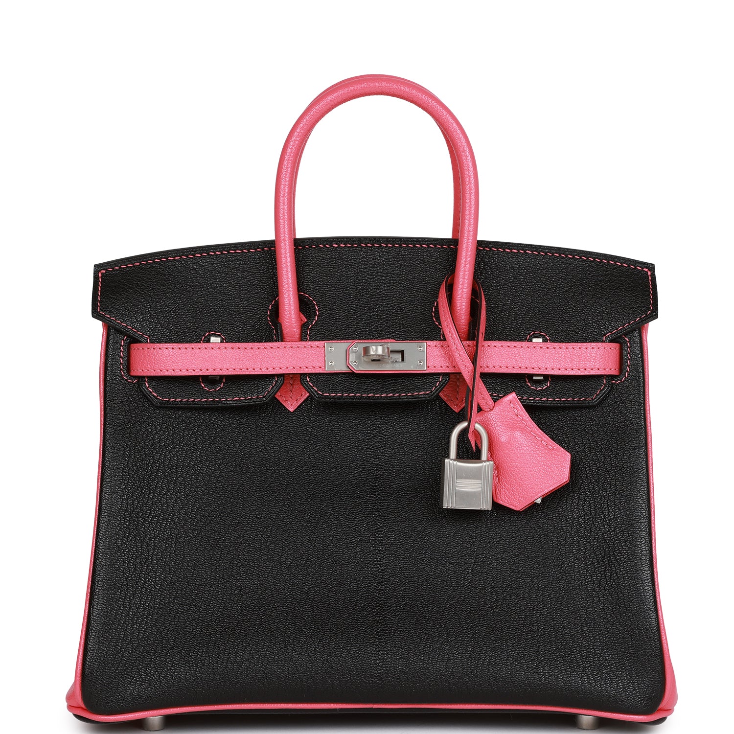 Hermès Special Order (HSS) Birkin 25 Black and Rose Azalee Chèvre Brushed Palladium Hardware