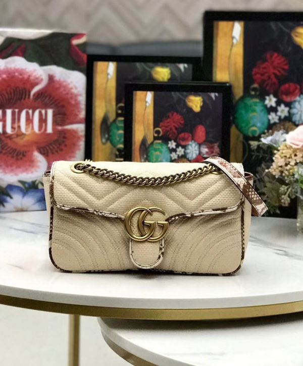 Gucci GG Marmont Raffia Snakeskin Trimming Brass Logo Spring Closure Link Shoulder Strap Women Shoulder Bag Beige