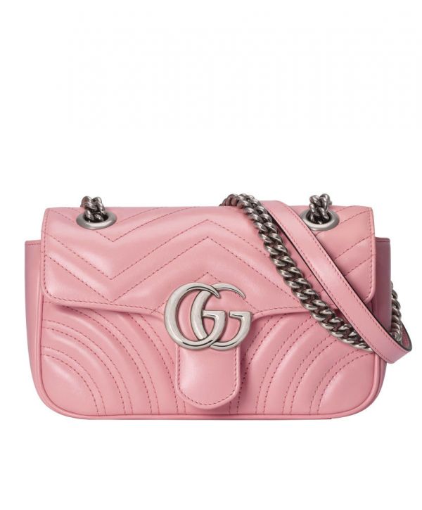 Gucci GG Marmont Silver GG Logo Buckle Back Heart Pattern Chain Shoulder Strap Pink Matelasse Chevron Leather Mini Bag