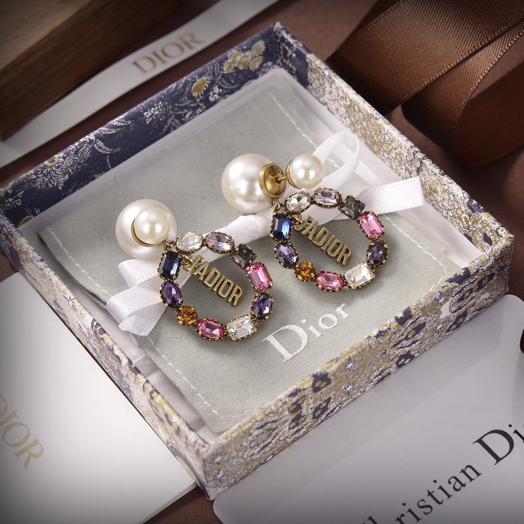 DIOR Elegant Colorful Rhinestone Pearl Letter Pendant Earrings
