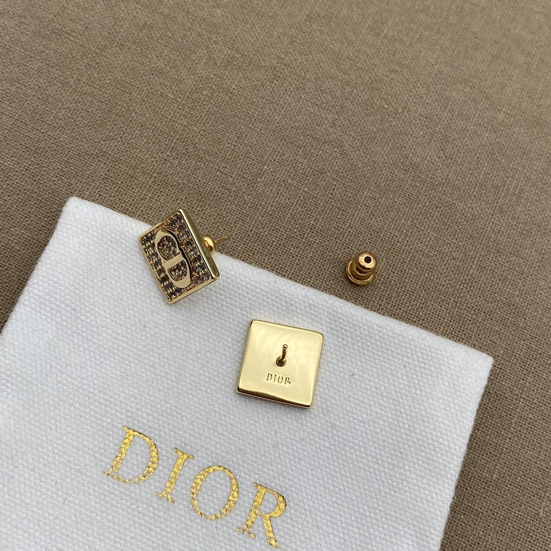 DIOR Fashion Square Rhinestone CD Earrings
