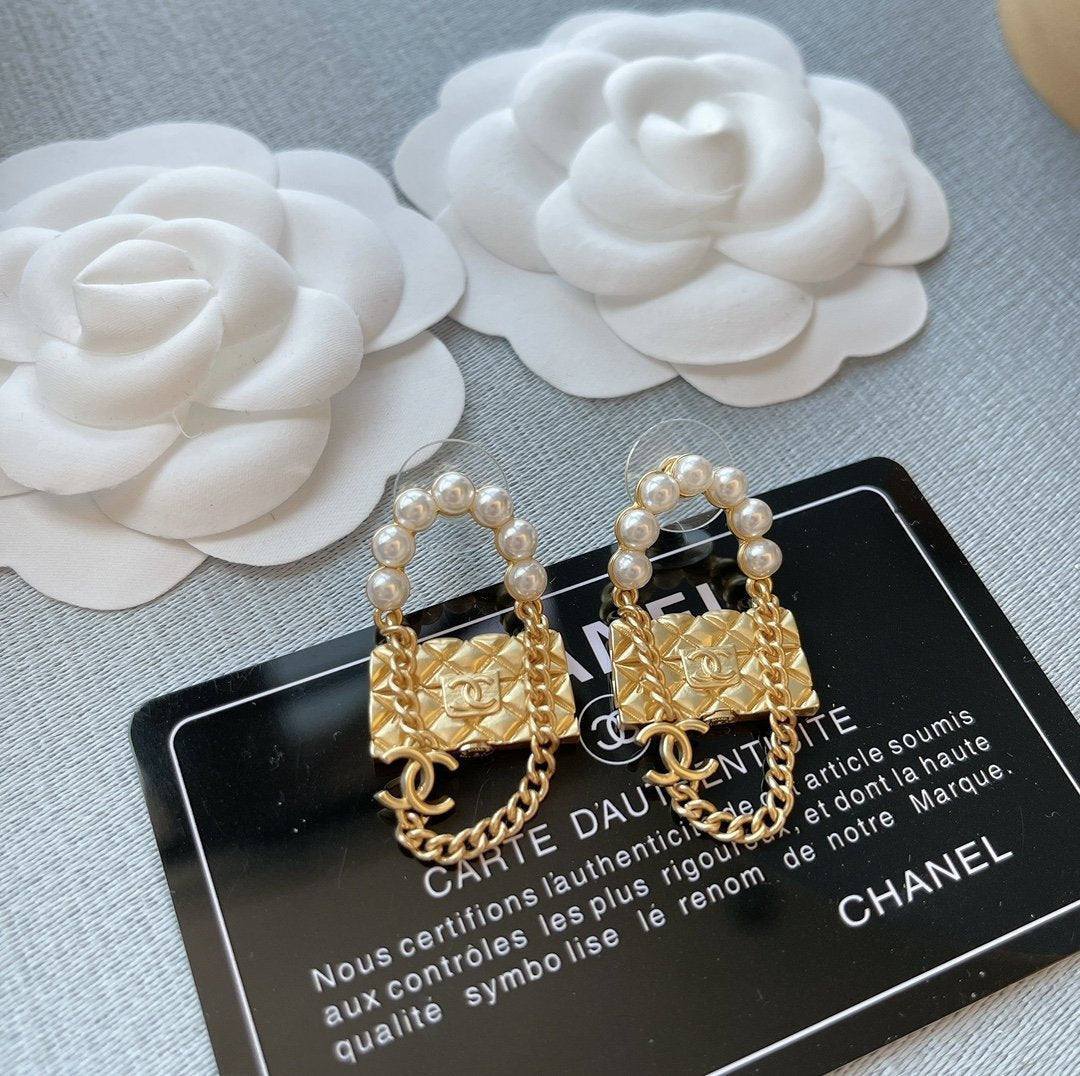 CHANEL Fashion Pearl Bag Pendant Earrings
