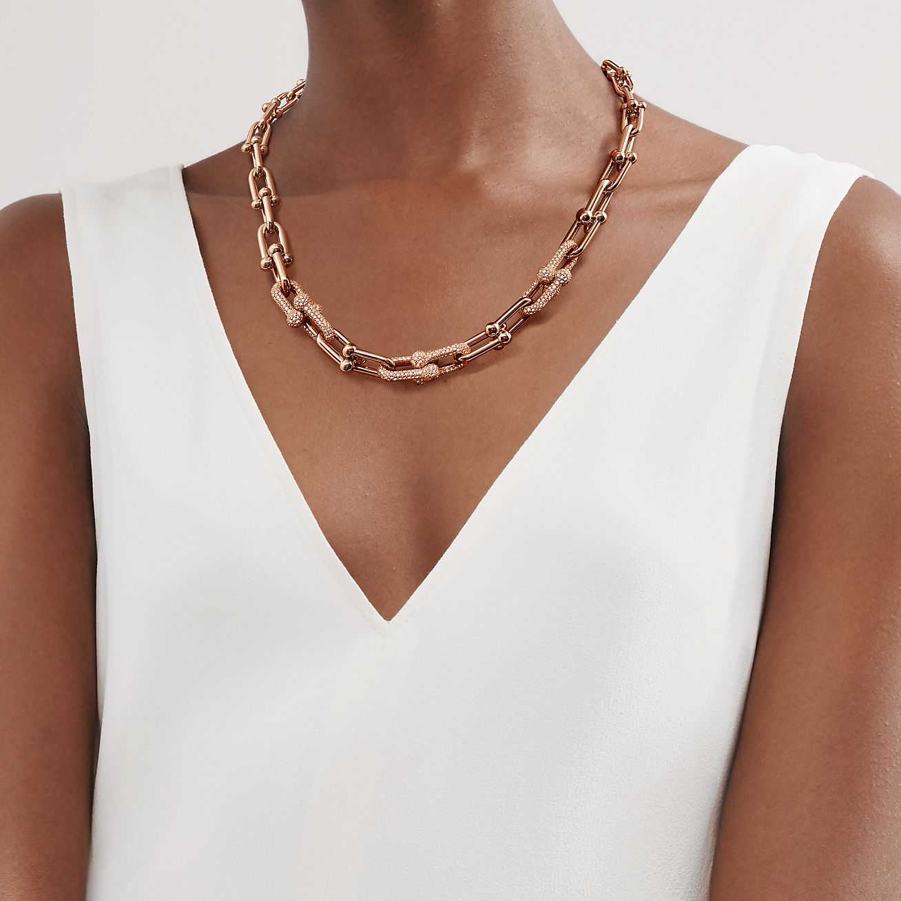 Graduated Link Necklace in Rose Gold with Diamonds