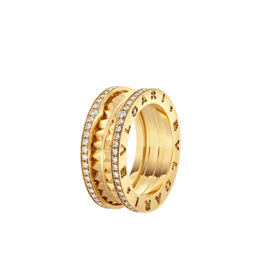 B.ZERO1 RING two-band ring in yellow gold with studded spiral and diamonds on the edges