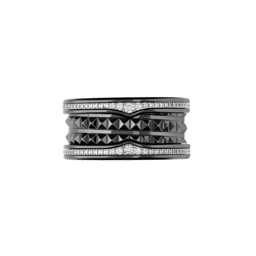 B.ZERO1 RING in black ceramic with studded spiral and pavé diamonds on the edges