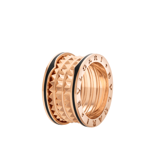 B.ZERO1 RING four-band ring in rose gold with studded spiral and black ceramic inserts on the edges