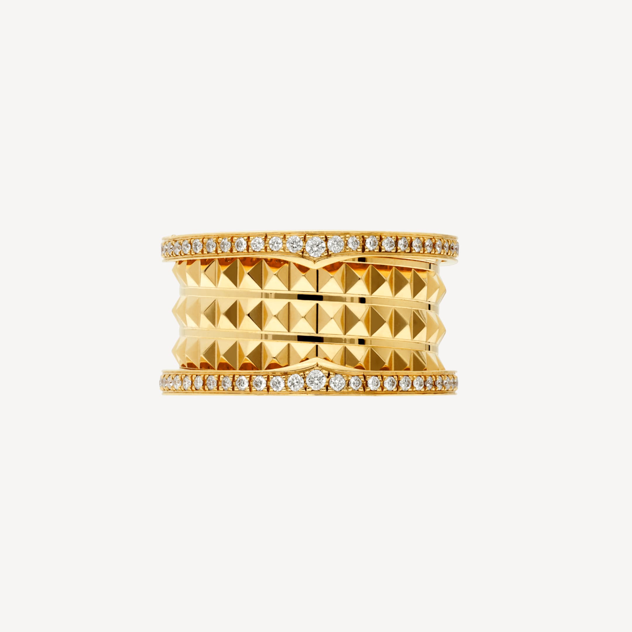 B.ZERO1 RING four-band ring in yellow gold with studded spiral and diamonds on the edges
