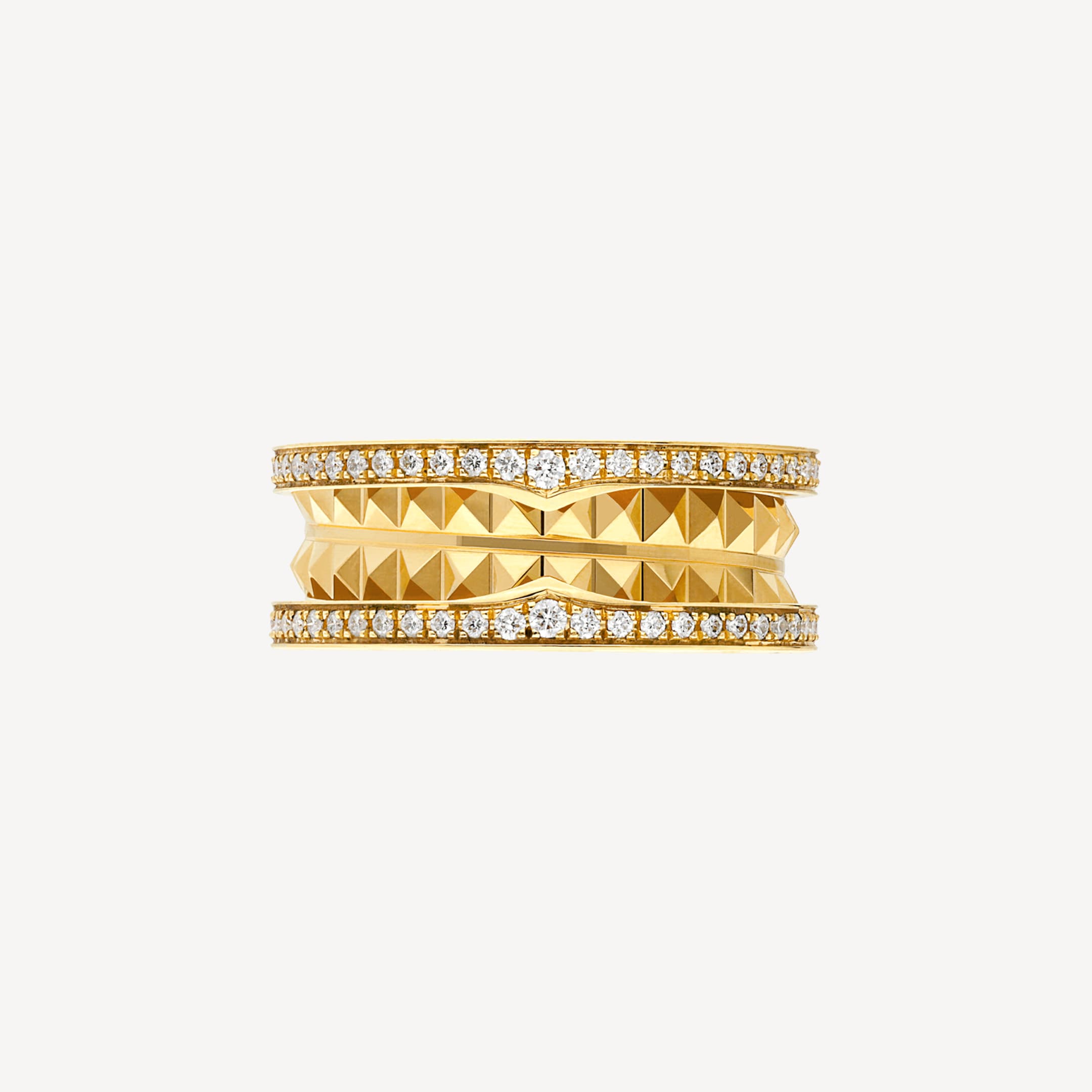 B.ZERO1 RING two-band ring in yellow gold with studded spiral and diamonds on the edges
