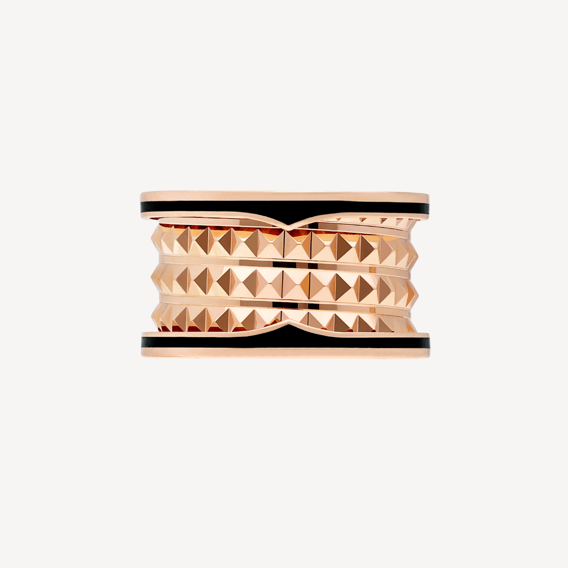 B.ZERO1 RING four-band ring in rose gold with studded spiral and black ceramic inserts on the edges
