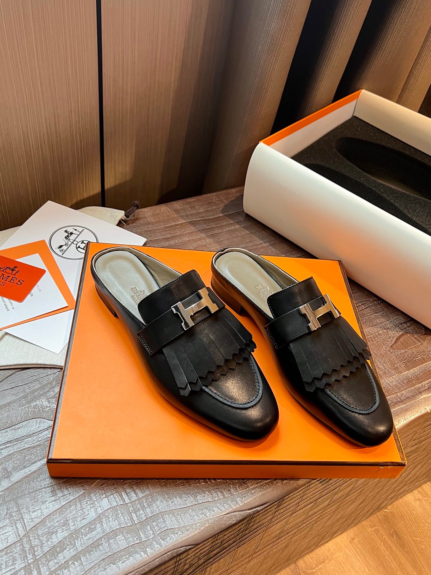[TOP] HRMES Rivoli Mules - Black & SHW - Hermes