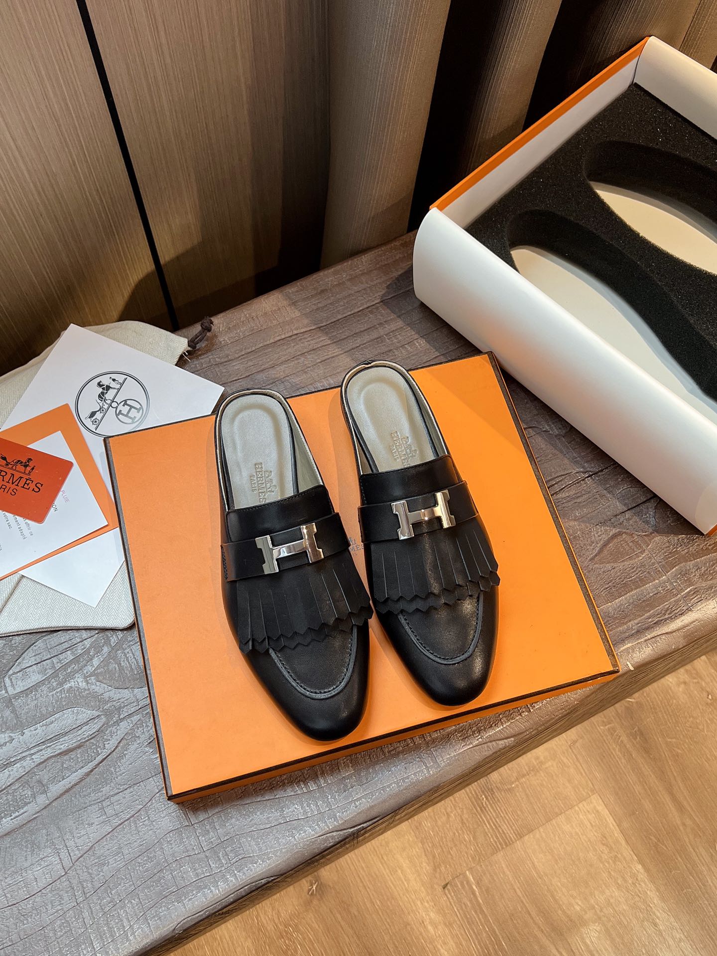 [TOP] HRMES Rivoli Mules - Black & SHW - Hermes