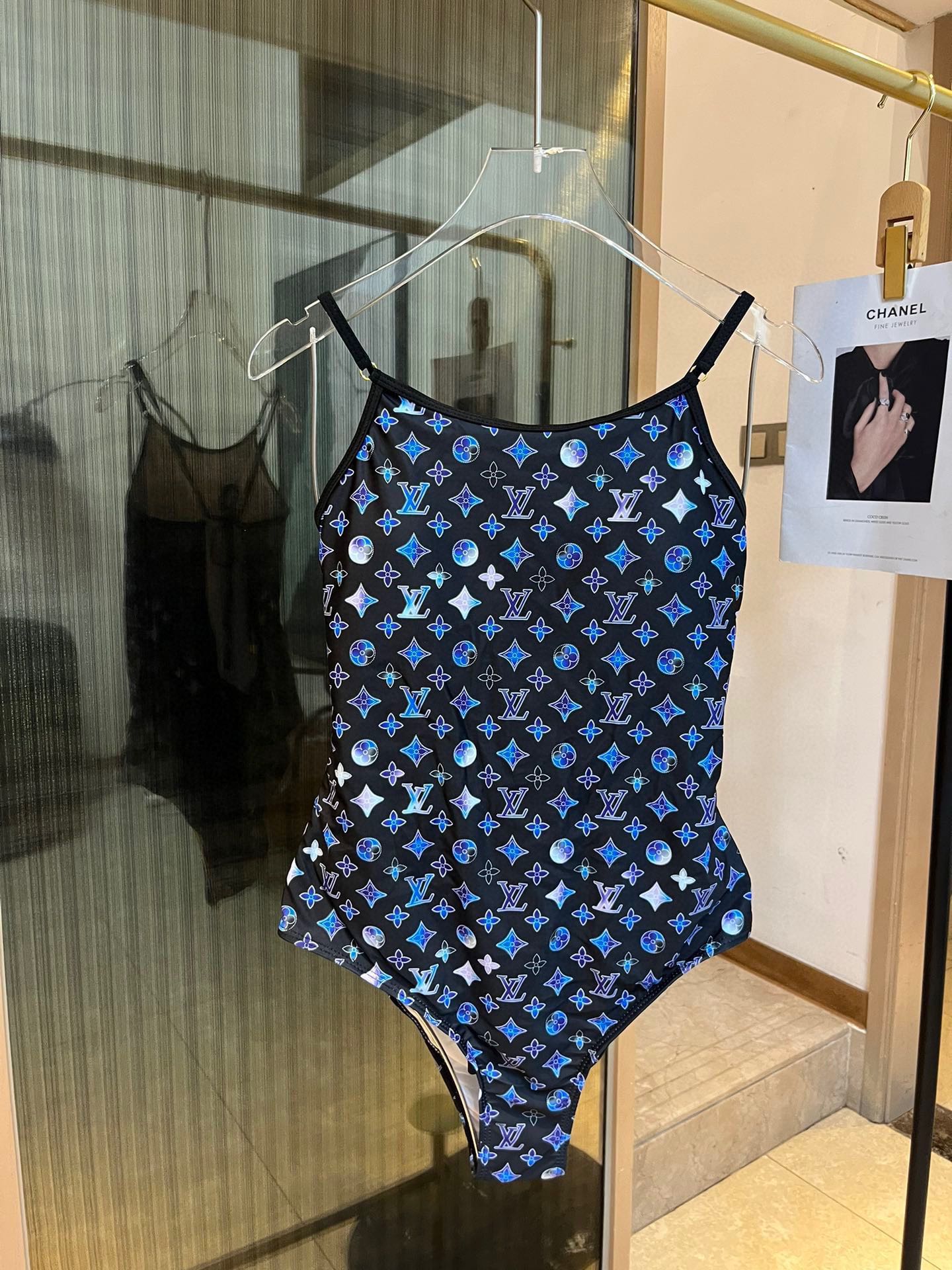 [TOP] L&V Black Blue Printed One-Piece Swimsuit LV Louis Vuitton