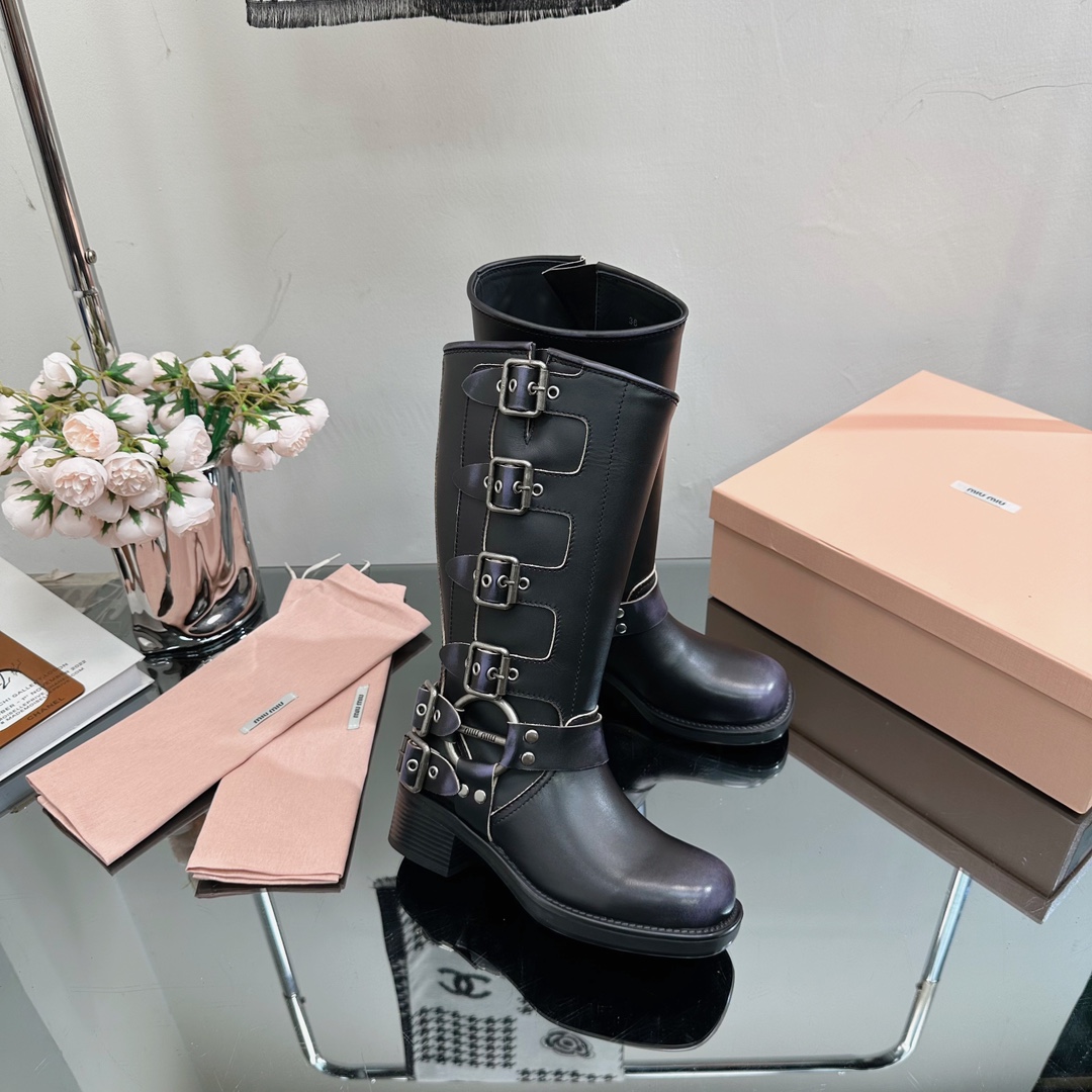 [TOP] m!u m!u Retro Western Catwalk Motorcycle High Boots - 3 Colors - Waxed Calfskin with 4 Buckles - MIUMIU