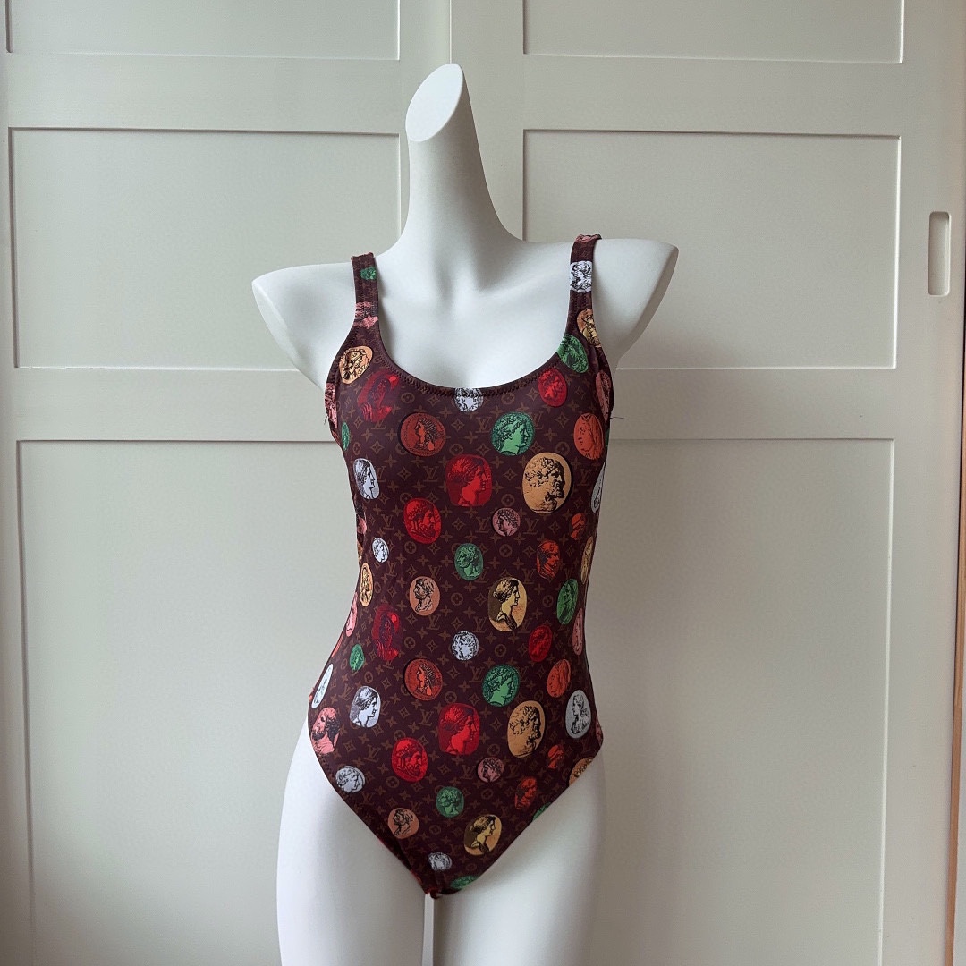 [TOP] L&V Fashion Print One Piece Swimsuit - Brown - LV Louis Vuitton