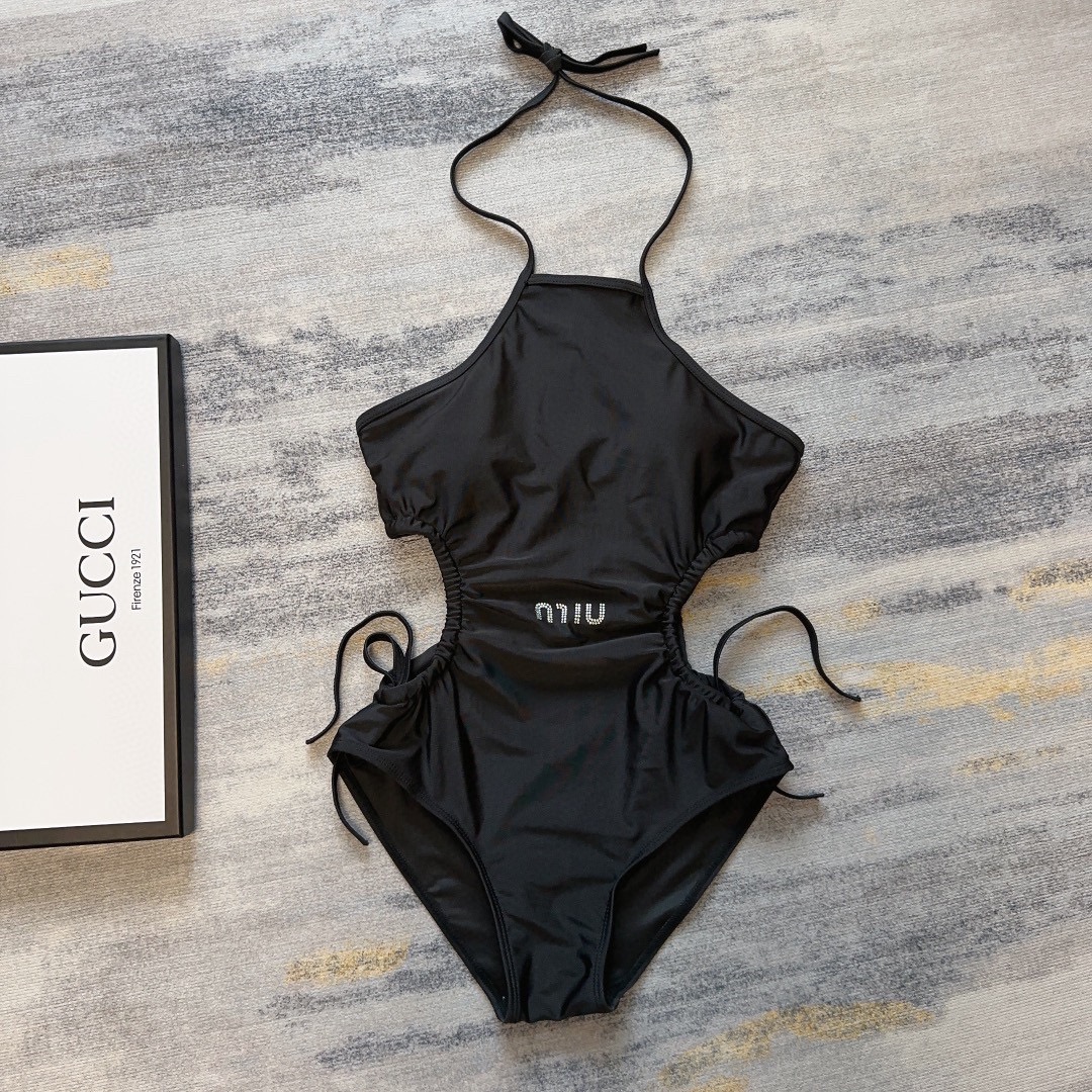 [TOP] m!u m!u Open Waist Drawstring One-Piece Swimsuit - Black - MIUMIU