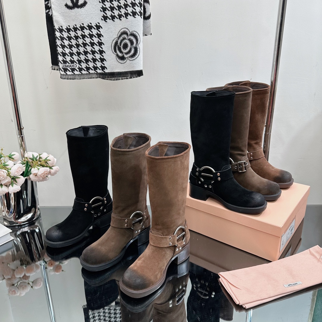 [TOP] m!u m!u Retro Western Catwalk Motorcycle High Boots - 3 Colors - Suede with 4 Buckles - MIUMIU