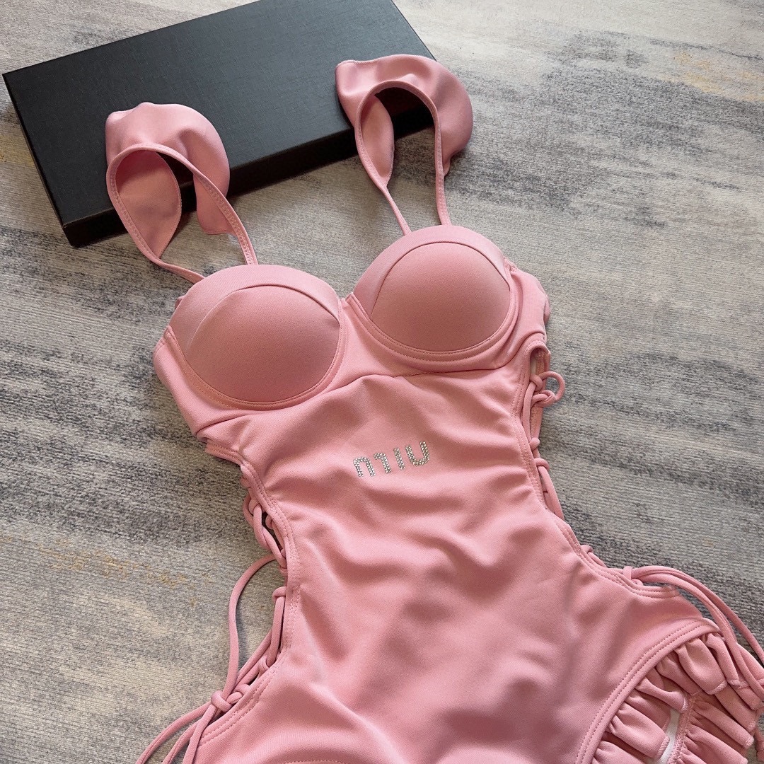 [TOP] m!u m!u Lace Drawstring One-Piece Swimsuit - Pink - MIUMIU