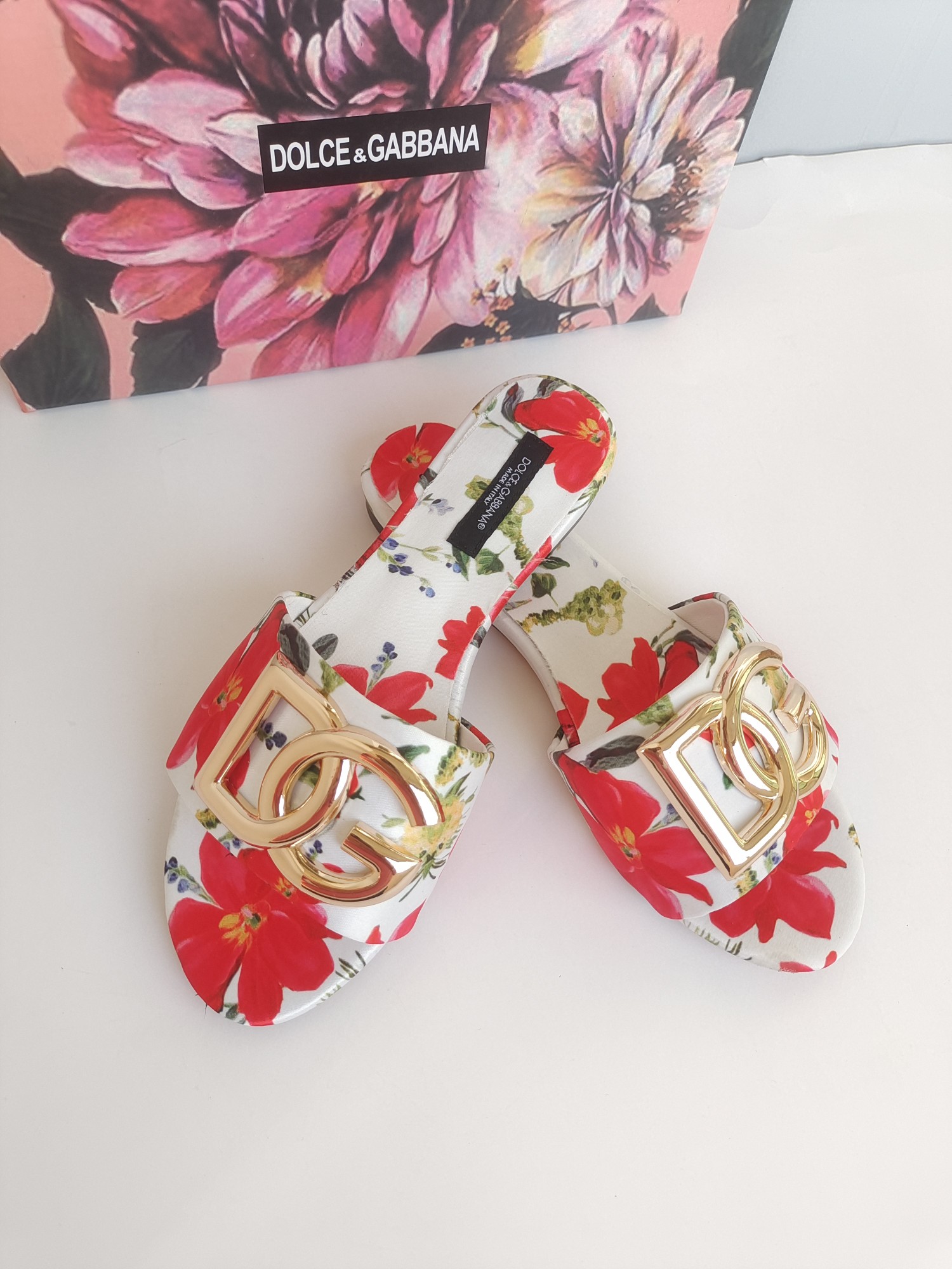 [TOP] D^G Slides Leather - Red and White Flowers - Dolce&Gabbana
