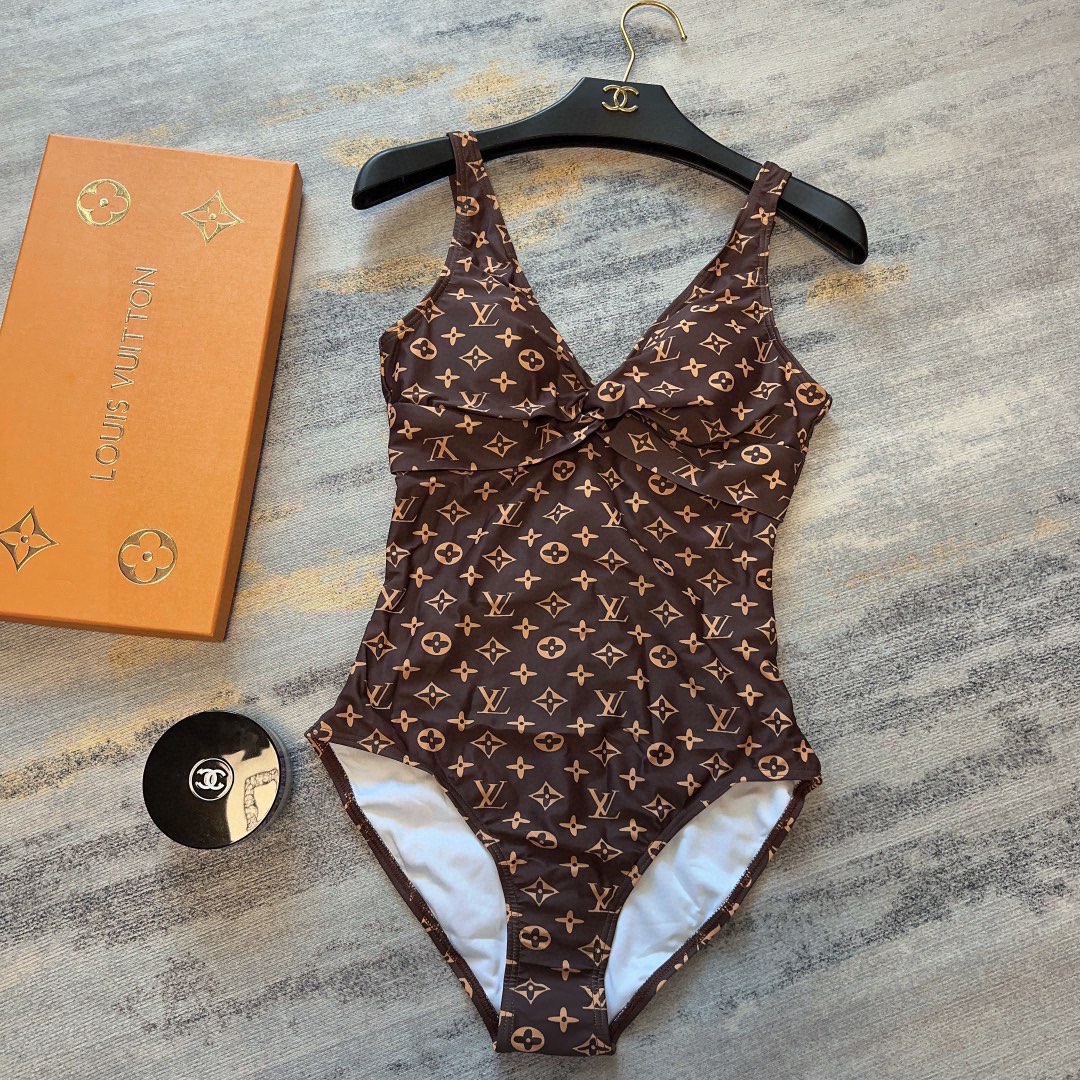 [TOP] L&V Classic Logo Deep V One Piece Swimsuit LV Louis Vuitton