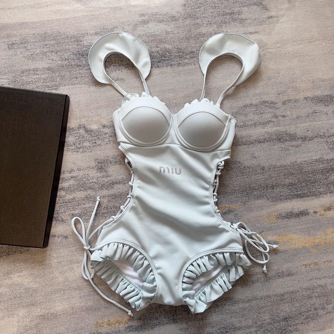 [TOP] m!u m!u Lace Drawstring One-Piece Swimsuit - White - MIUMIU