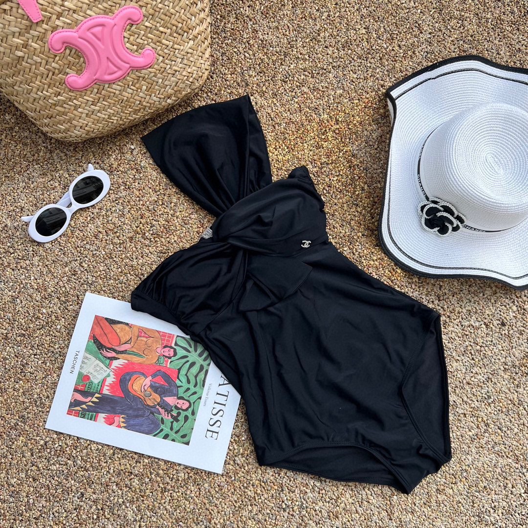 [TOP] CH@NEL One-Shoulder Strap Chest Bow One-Piece Swimsuit - 2 Colors - Chanel