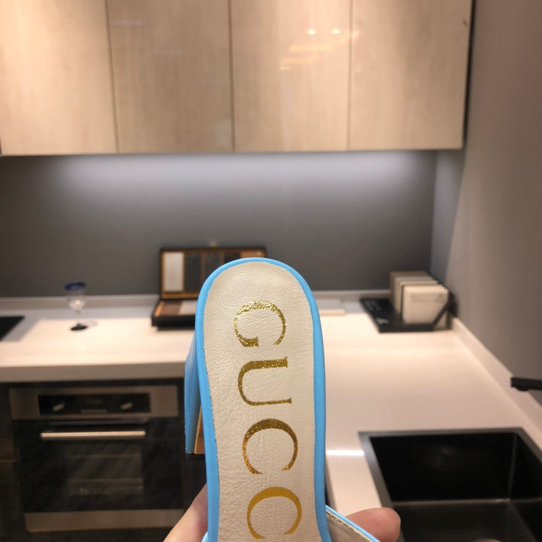 [TOP] GUCC! G*G Horsebit Slide Sandal Block Heels - Blue - Gucci