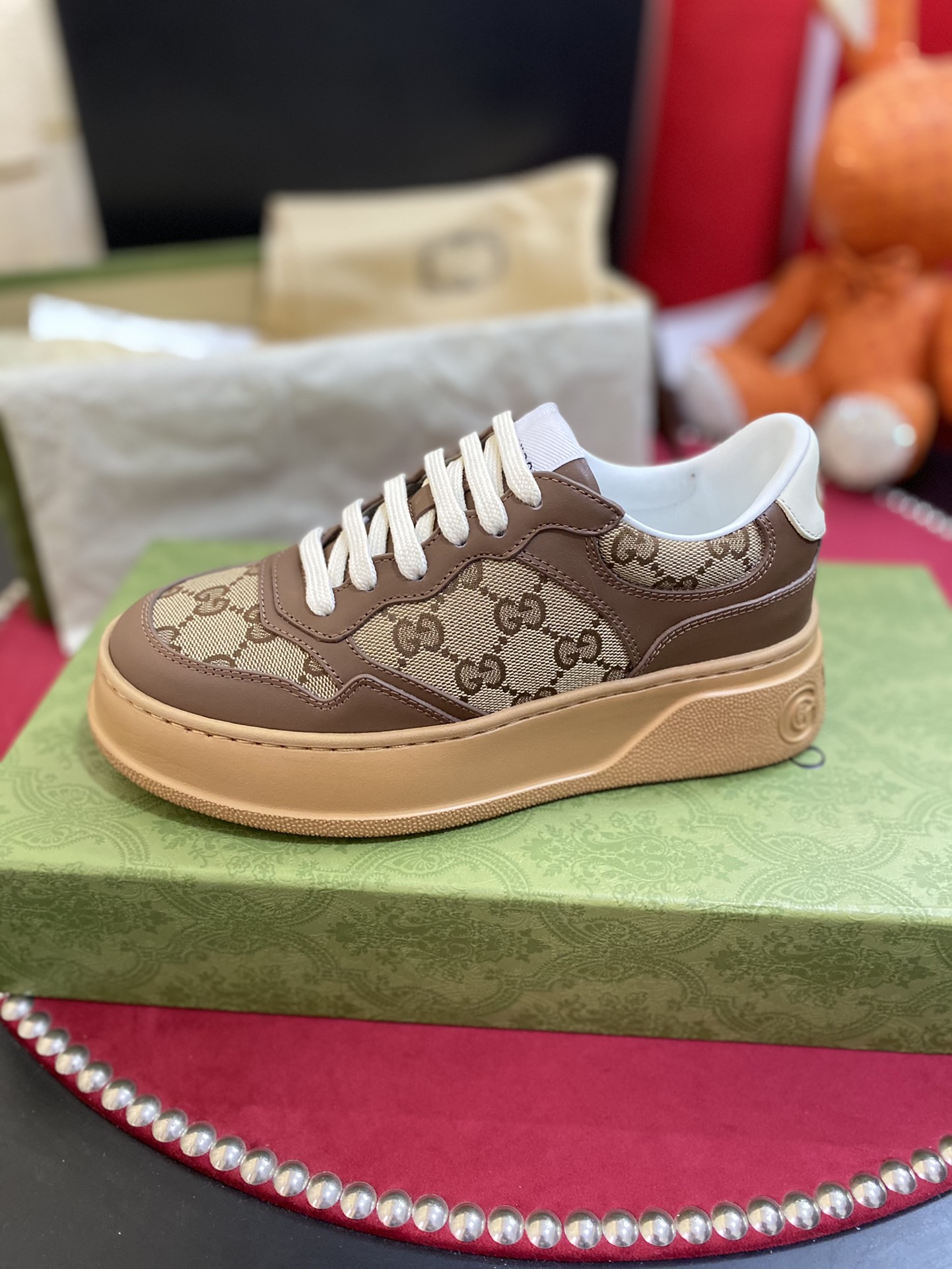 [TOP] GUCC! Double G Embossed Leather Rubber Platform Sneakers - Brown - Gucci