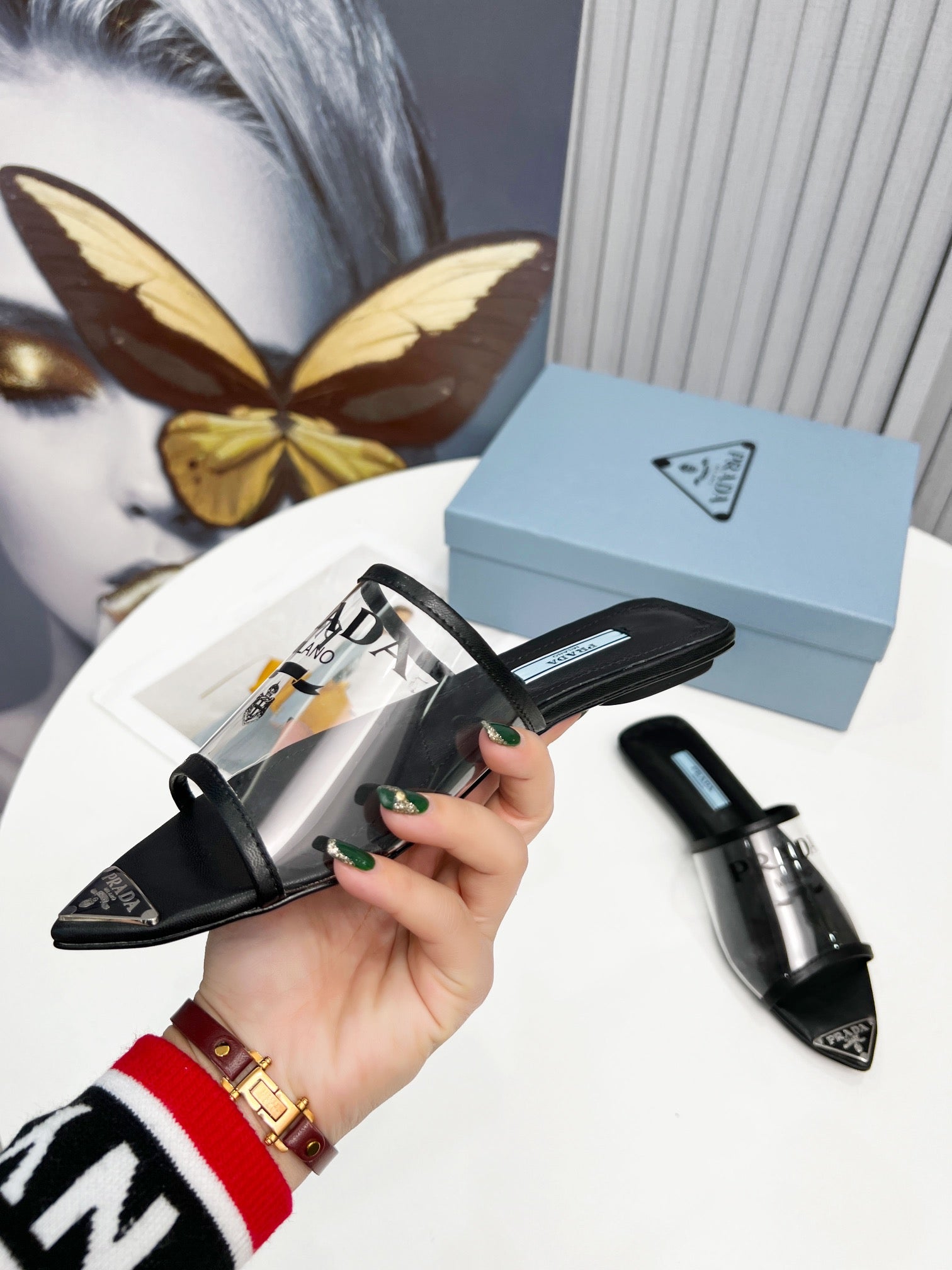 [TOP] PR@DA Logo-print Plexiglas High-heel Slides - Black - Prada