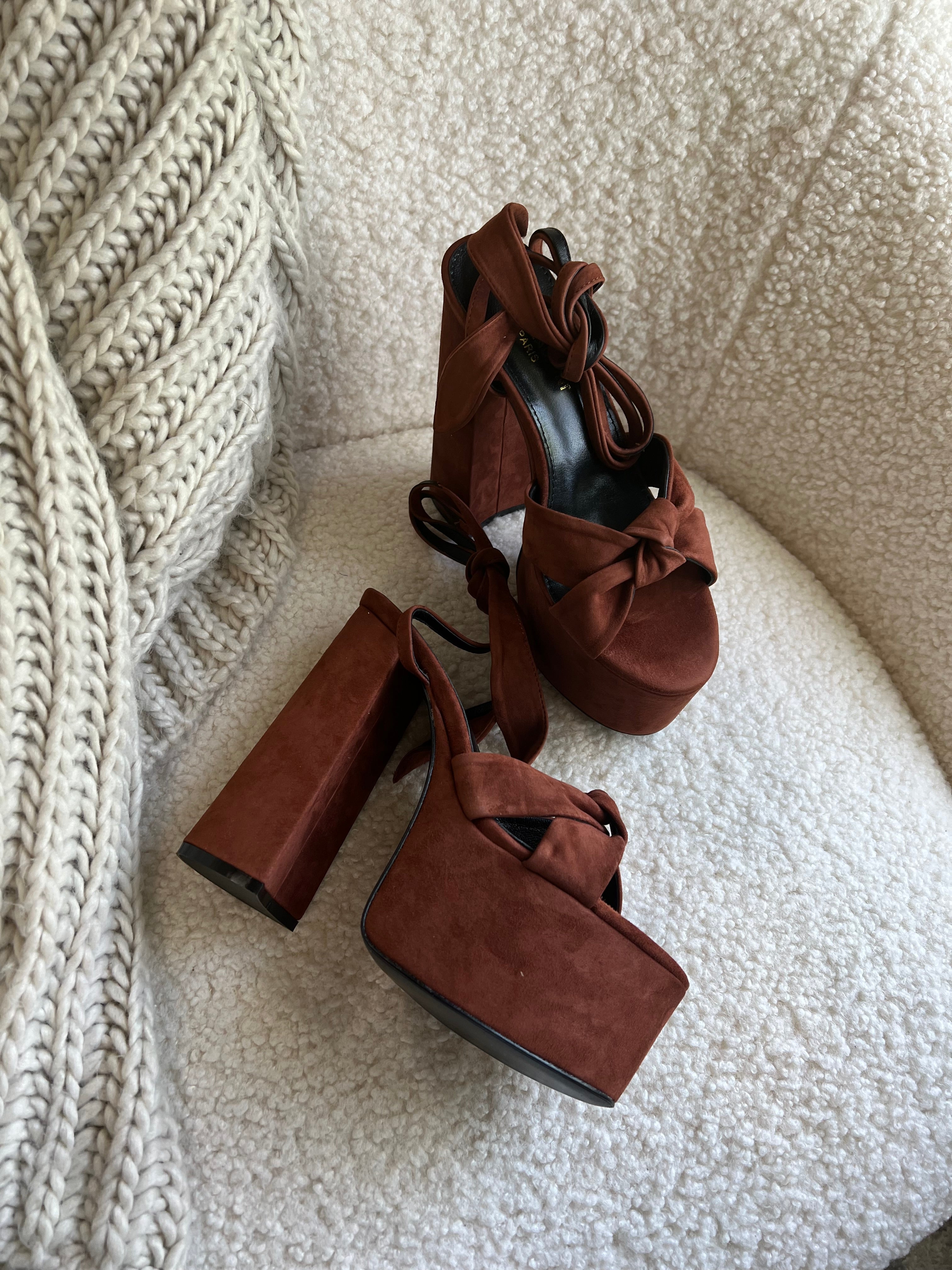 [TOP] Y$L Suede Platform High Heels - Brown - Ysl Yves Saint Laurent