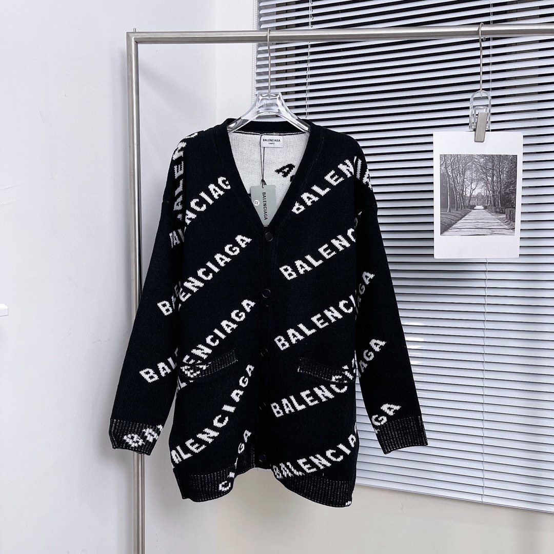 [TOP] BALNCIAGA Logo Wool Sweater Cardigan - Black - Balenciaga
