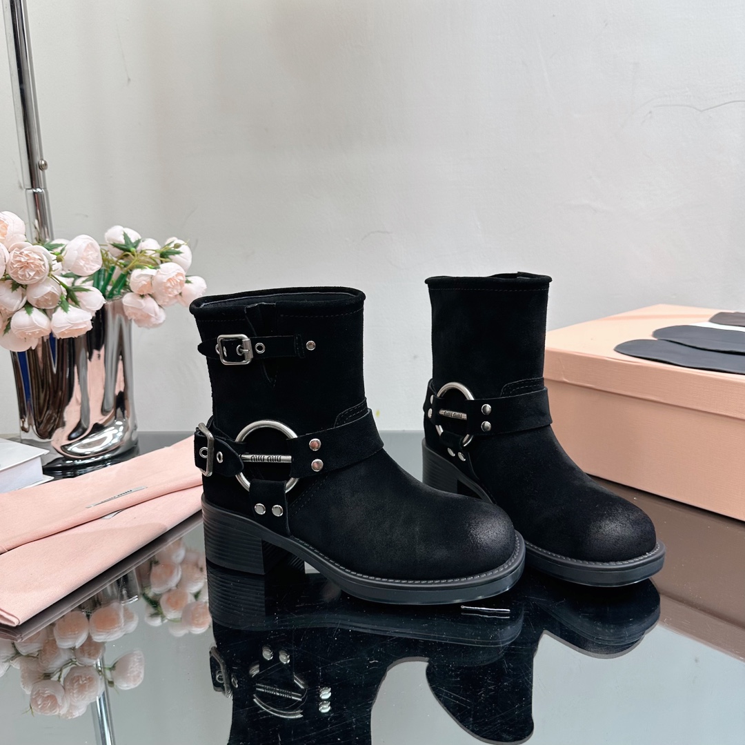 [TOP] m!u m!u Retro Western Catwalk Motorcycle Short Boots - 3 Colors - Suede with 1 Buckle - MIUMIU